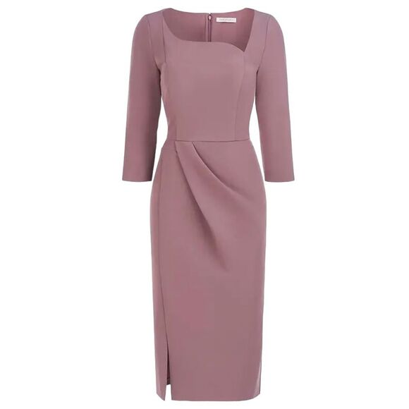 KAY UNGER Anya Asymmetric Crepe Midi-Dress - Mink color, Size 4 - Picture 4 of 16